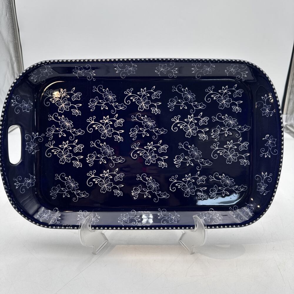 Temp-tations by Tara Floral Lace Cobalt Blue rectangle Serving Platter 16”